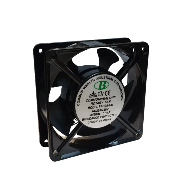 فن ۲۲۰ ولت ۱۲ در ۱۲ سانتی بلبرینگی COMMONWEALTH توان ۳۰ وات 0.14 آمپر مدل FP-108-1-B