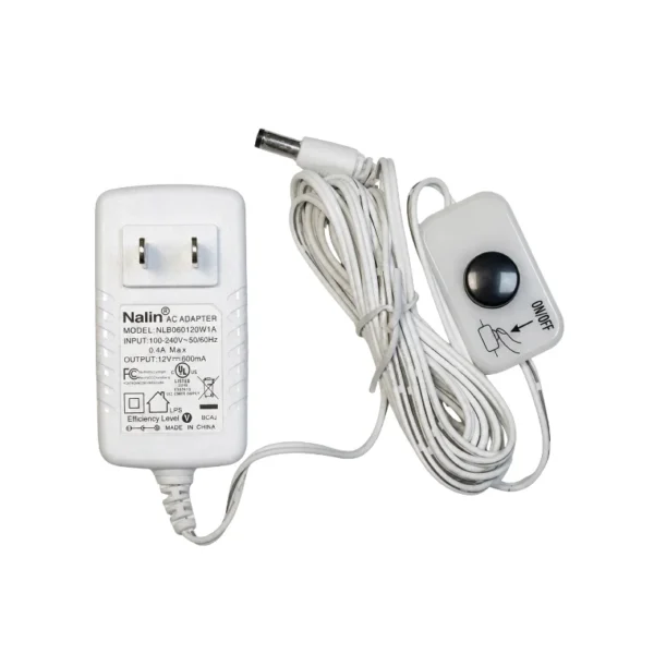 12V 600mA White Wall-Mount Power Adapter with Power Switch (Includes Plug Adapter)